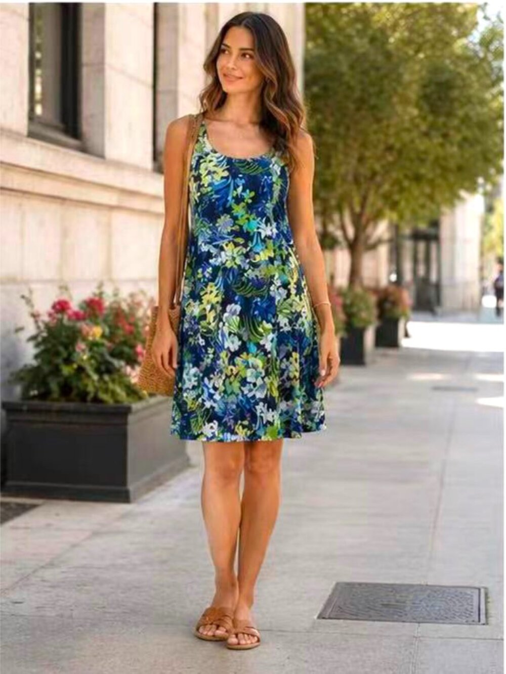 Women Summer Printed Sleeveless Short Dress - Blue/Green, Petite S